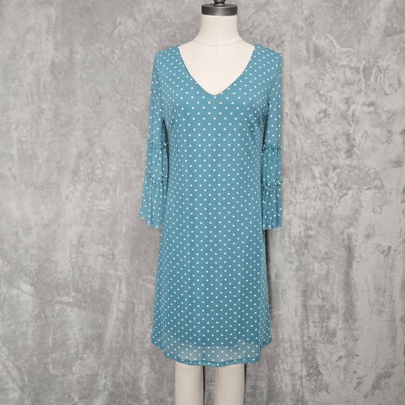 Allison Brittney Womens Polka Dot Dress Teal Blue Bell Sleeve Small Chic Playful - Picture 1 of 8